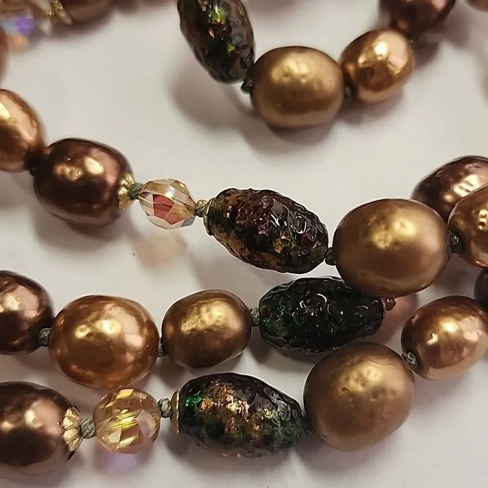 Vintage Gold and Brown Beaded Necklace Cool Glass Beads - Picture 3 of 8